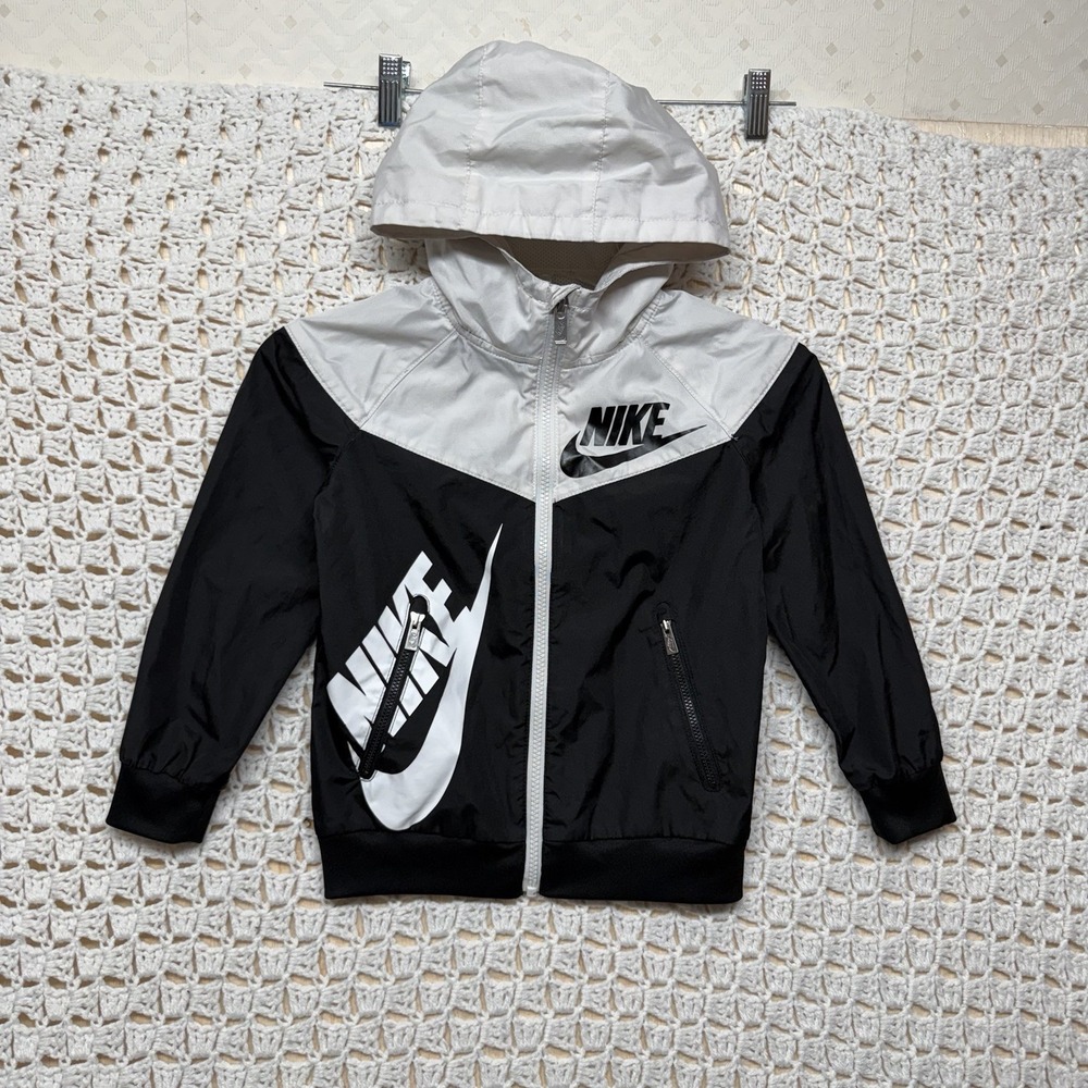 Nike Windbreaker Jacket Youth  Kid's Sz S Black White Hooded Full Zip Athletic